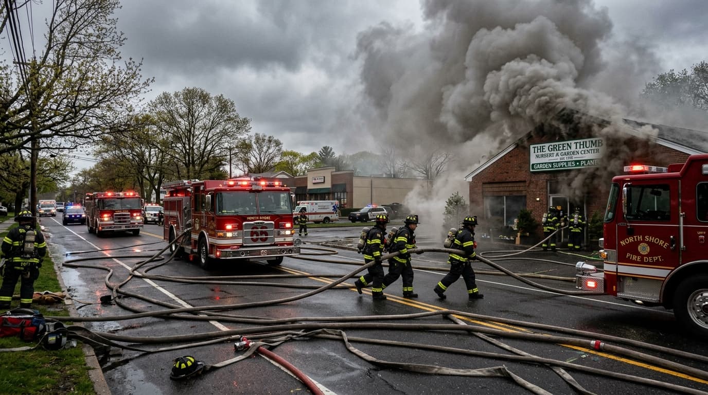 Three Firefighters Injured in Four-Alarm Blaze at Glen Head Nursery